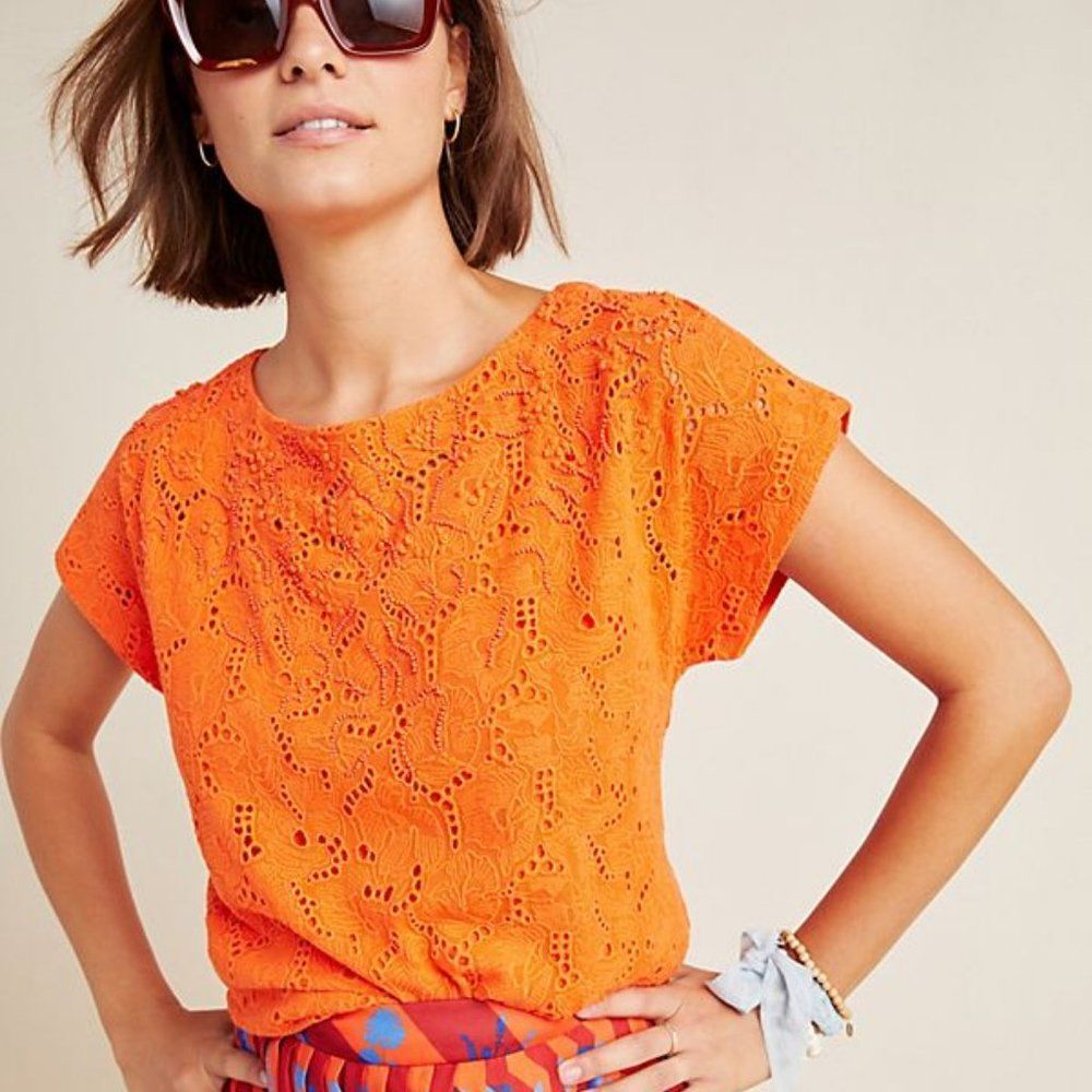 Anthropologie Orange Eyelet Short-Sleeve Top